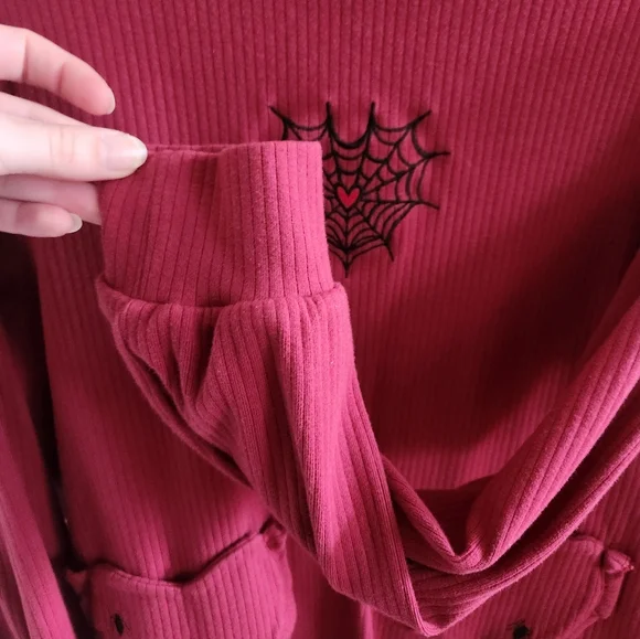 Kina & Tam Loveweb Top Spiderweb Heart Red Mockneck Ribbed Top - Picture 6 of 9